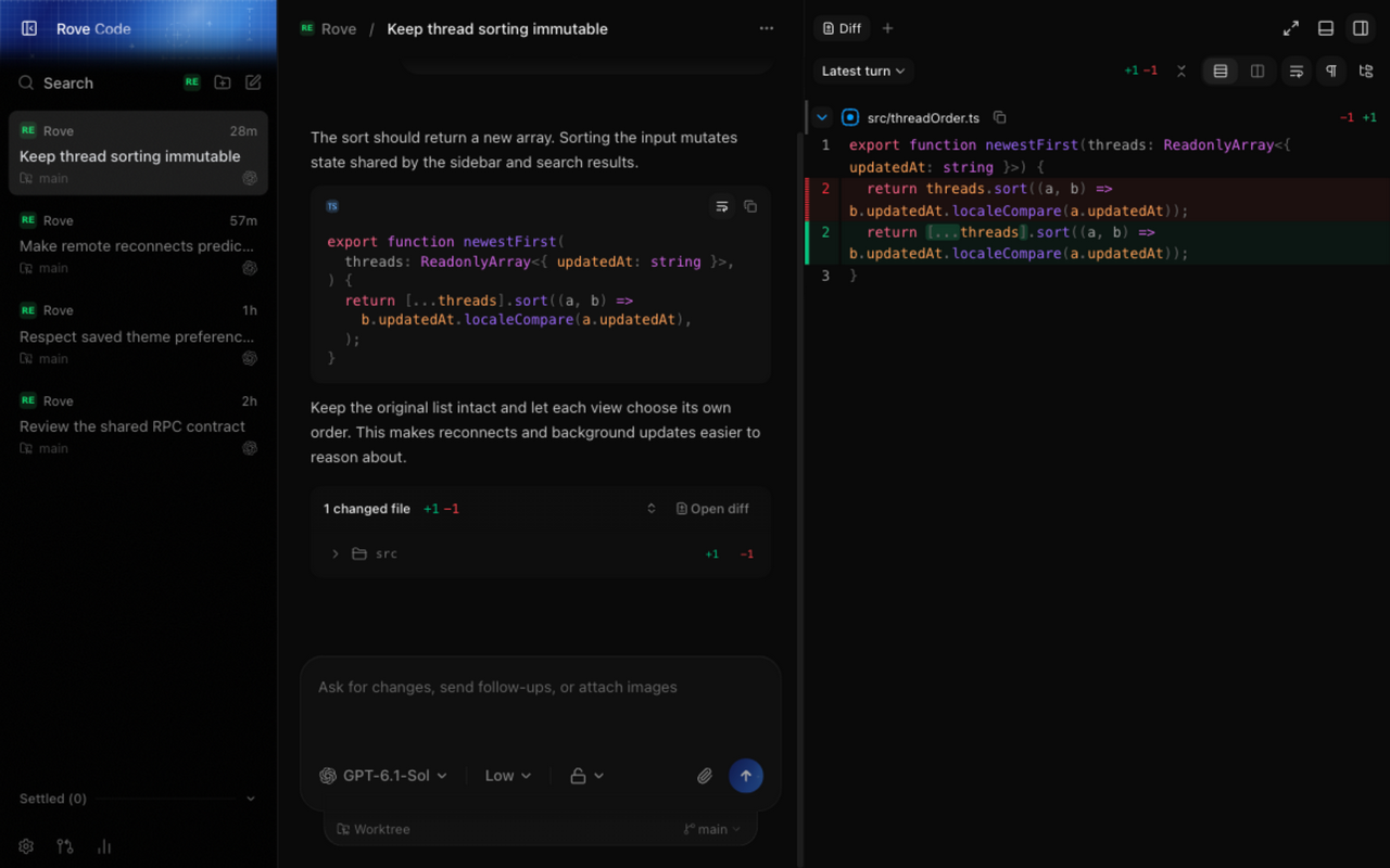 Rove Code with a conversation beside its checkpoint diff